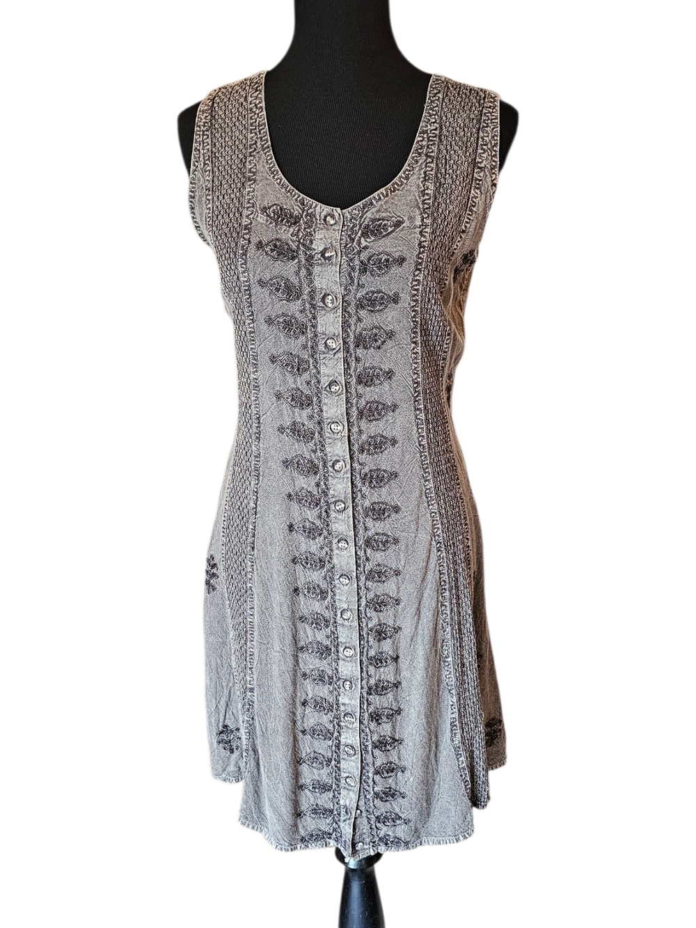 Vintage Raya Sun Boho Embroidered Mini Dress L Gray 90s Grunge Button Front